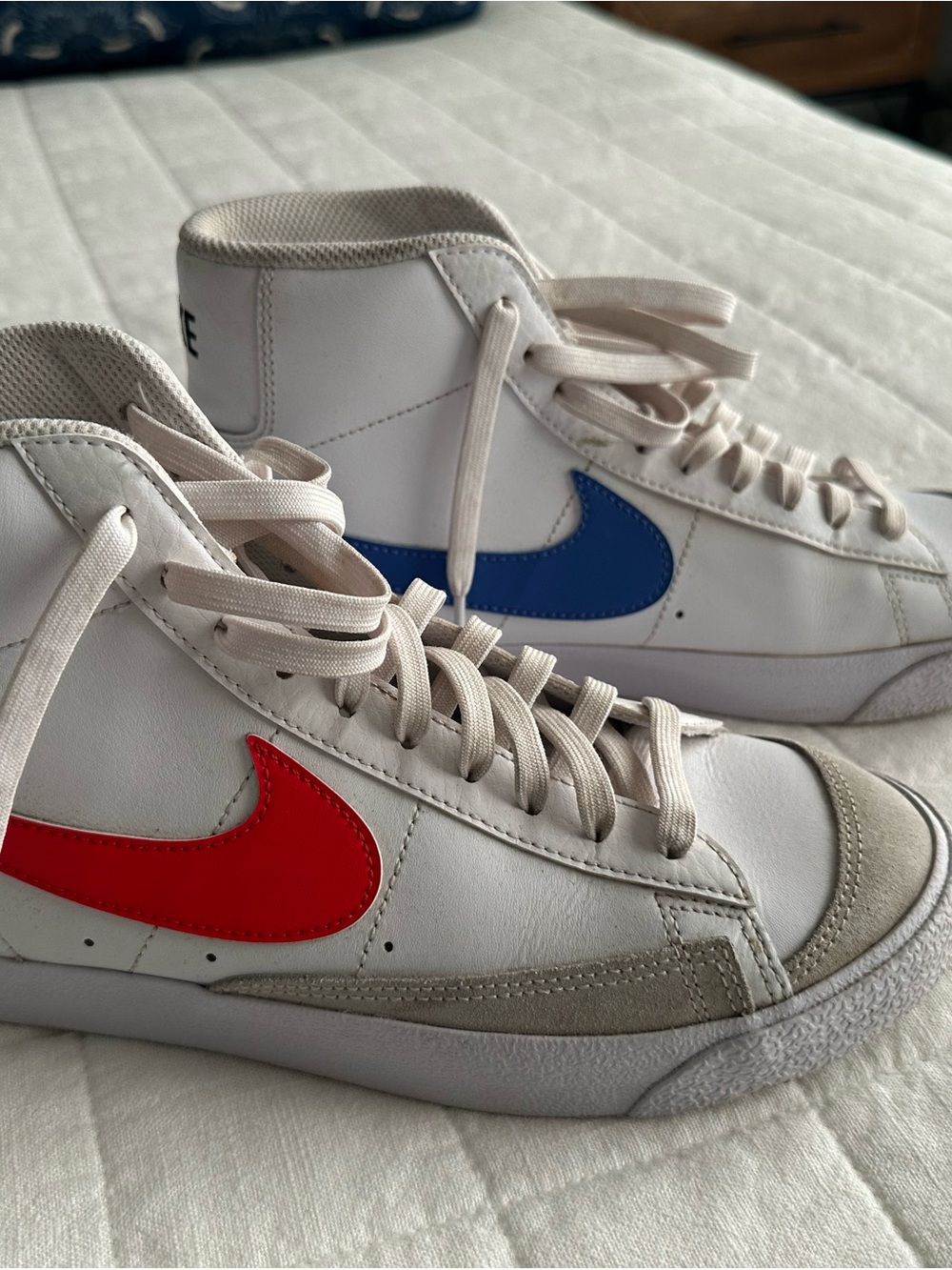 Nike Kids White High-Top Sneakers with Red and Blue Swooshes